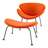 Vibrant orange chair with sleek black legs, featuring a modern, smooth design and curvy silhouette. Ideal for stylish decor.