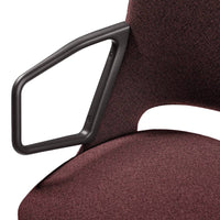 Burgundy textured fabric with a black geometric armrest, offering a modern and sleek design.
