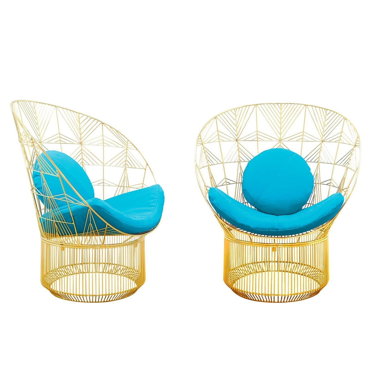 Stylish gold wire chairs with vibrant turquoise cushions, featuring geometric patterns for a modern look.