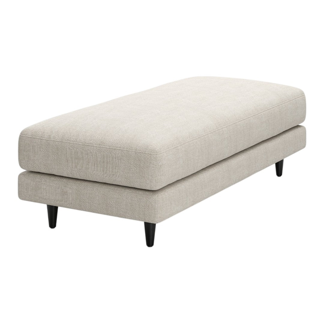 Light beige upholstered ottoman with a smooth, textured surface and dark wooden legs.