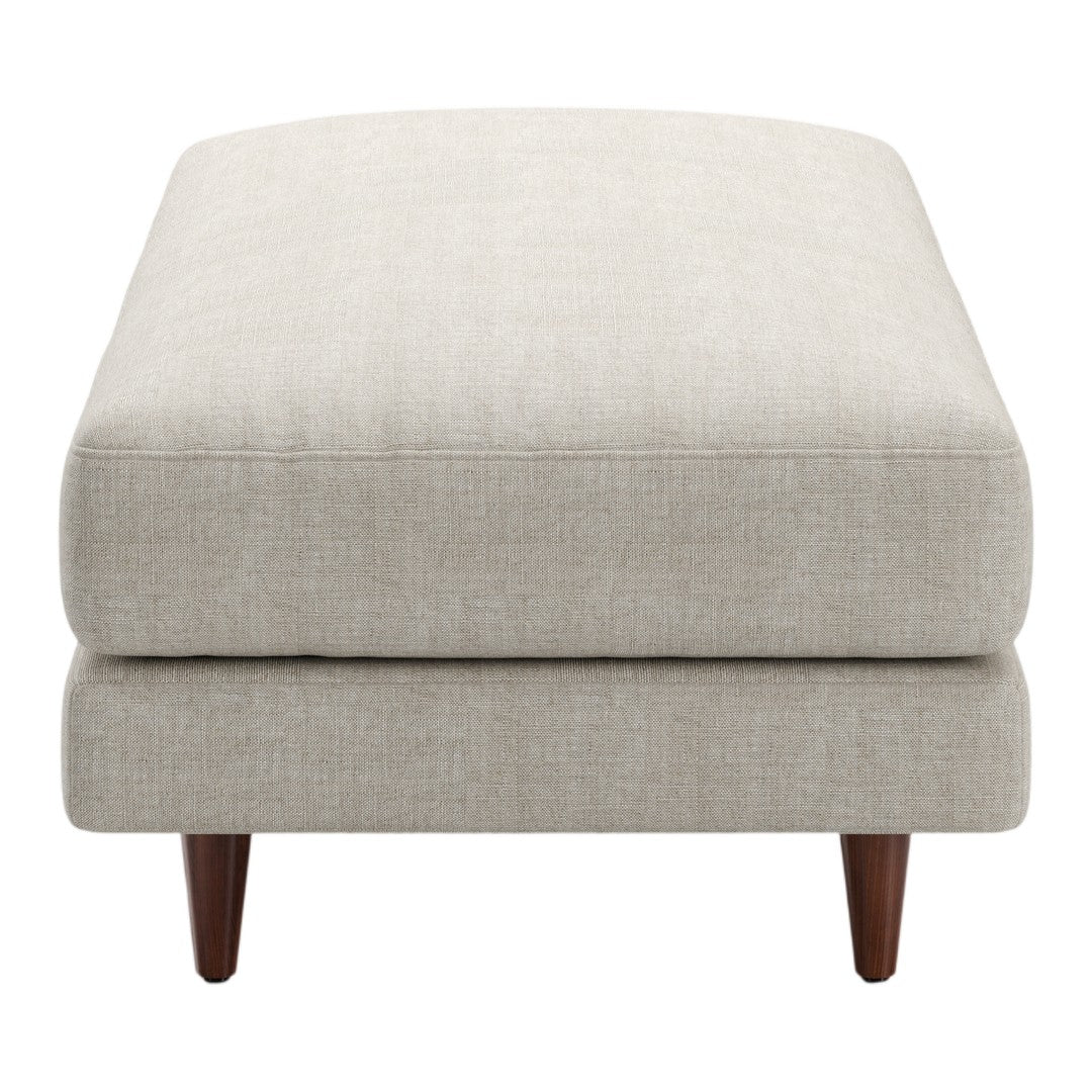 Light beige upholstered ottoman with a subtle texture and tapered wooden legs, perfect for modern decor.