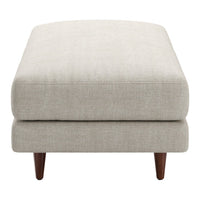 Light beige upholstered ottoman with a subtle texture and tapered wooden legs, perfect for modern decor.