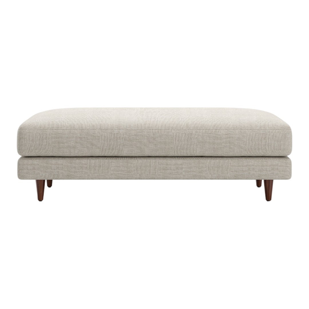 Light gray upholstered ottoman with a subtle textured pattern and wooden legs. Perfect for modern decor.