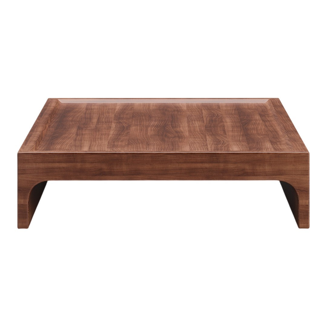 Solid walnut wood coffee table with a smooth, rich brown finish and minimalistic design, ideal for modern decor.