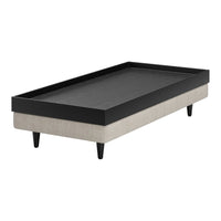Black and tan rectangular bed frame with a fabric base and sleek design, featuring a smooth black finish on top.