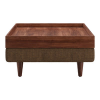 Wooden top coffee table with a rich brown finish and textured brown fabric base, featuring minimalist design.