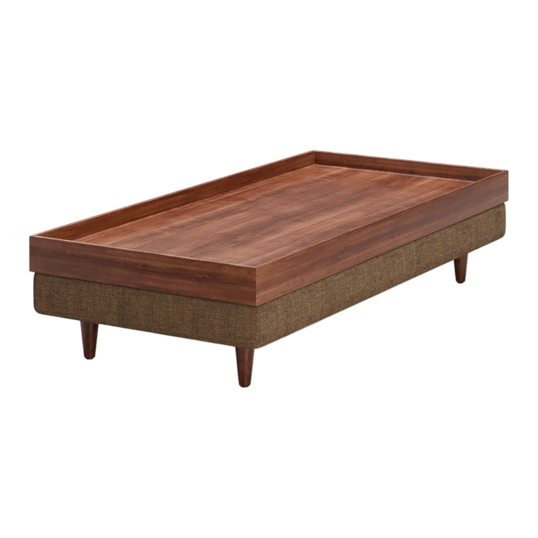 Wooden coffee table in rich brown with a smooth top and textured beige base, featuring stylish tapered legs.