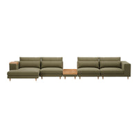 Olive green sectional sofa with clean lines and a light wood accent table in the center. Modern, minimalist design.