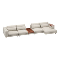 Beige sectional sofa with clean lines, soft textures, and a contrasting wooden armrest, ideal for modern living spaces.