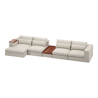 Beige sectional sofa with textured fabric and a wooden accent table, featuring clean lines and a modern design.