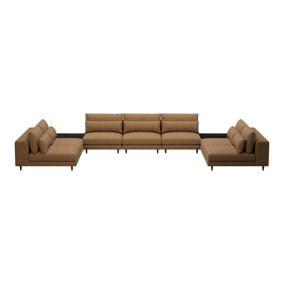 "Modern sectional sofa in warm brown fabric with a sleek design and clean lines for contemporary spaces."