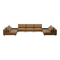 "Modern sectional sofa in warm brown fabric with a sleek design and clean lines for contemporary spaces."
