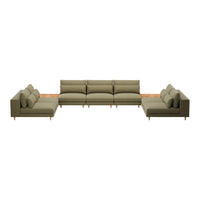 "Modern sectional sofa in muted olive green upholstery with plush cushions and sleek wooden accents."