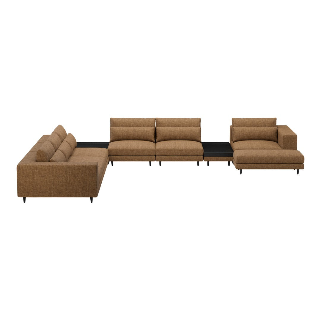 Brown sectional sofa with a modern design, featuring smooth, textured fabric and clean lines. Perfect for contemporary spaces.