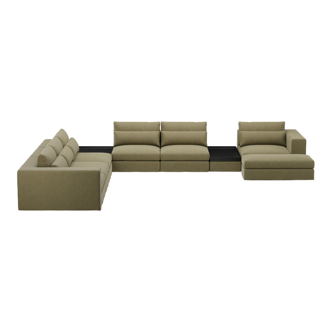 Olive green modular sectional sofa with smooth, textured fabric and minimalist design.