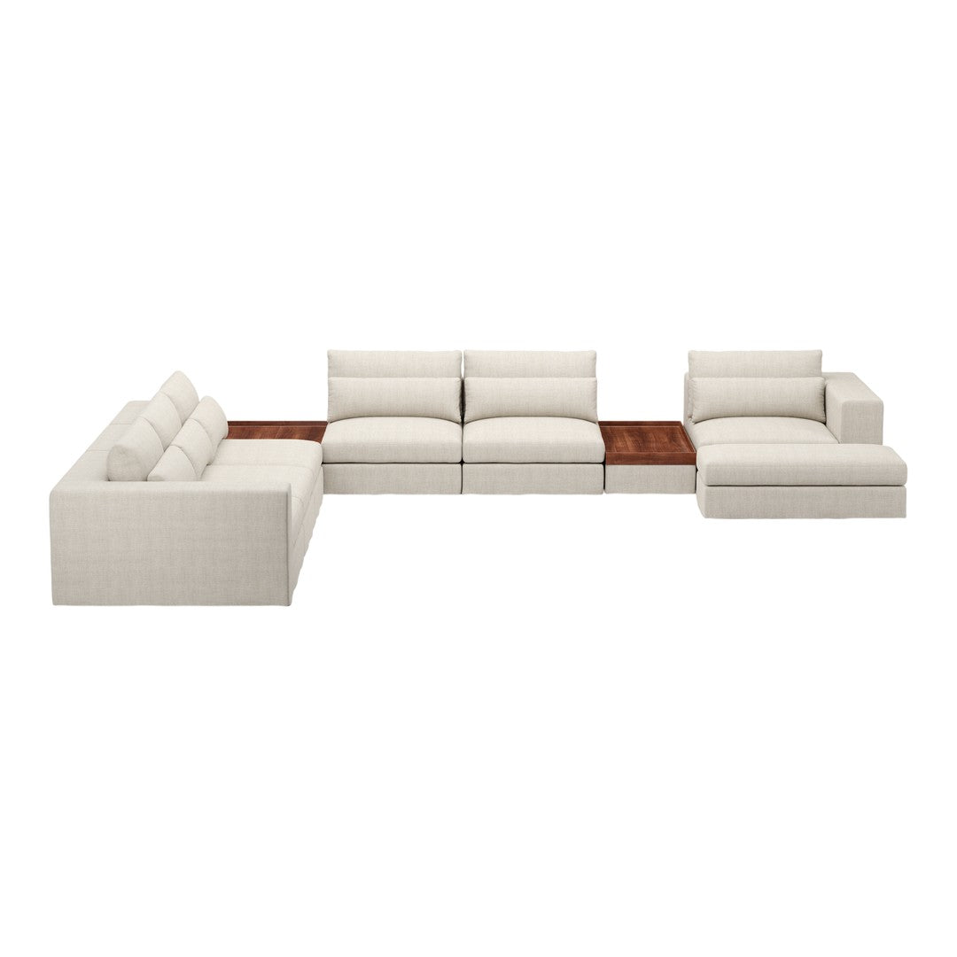 Luxe cream sectional sofa with plush cushions and a sleek wood accent, featuring a modern minimalist design.