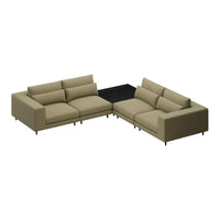 L-shaped sofa in a neutral taupe color with smooth fabric and minimalist design, featuring black accents.