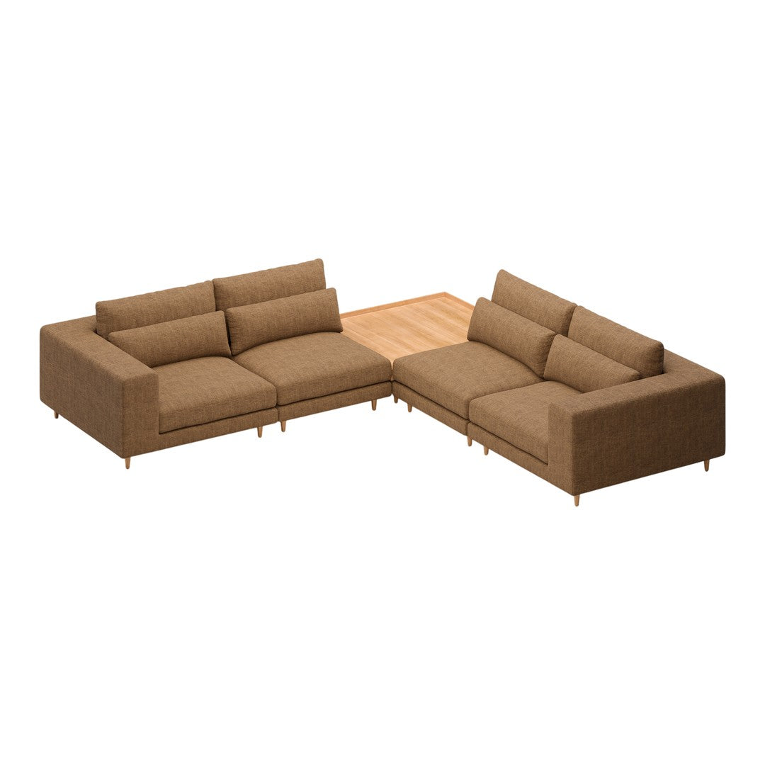 Brown sectional sofa with plush cushions and a light wood accent table. Ideal for modern living spaces.