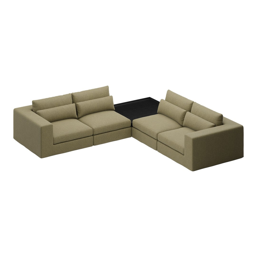 Olive green sectional sofa with a sleek black accent, featuring a modern, minimalist design and soft upholstery.