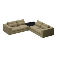 Olive green sectional sofa with a sleek black accent, featuring a modern, minimalist design and soft upholstery.