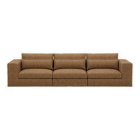 Brown upholstered sofa with a modern, minimalist design and soft, textured fabric. Ideal for contemporary interiors.