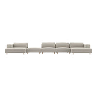 Light gray sectional sofa with smooth fabric and minimalist design, featuring subtle patterns and natural wood legs.
