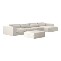 Modern white sectional sofa with clean lines and a minimalist design, featuring a matching ottoman.