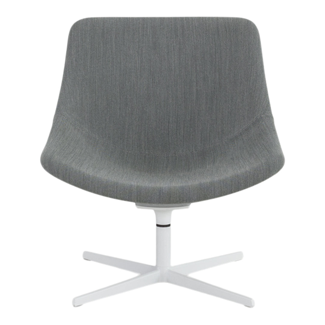 Gray upholstered chair with a sleek, curved design and a white metal base, featuring a subtle textured pattern.