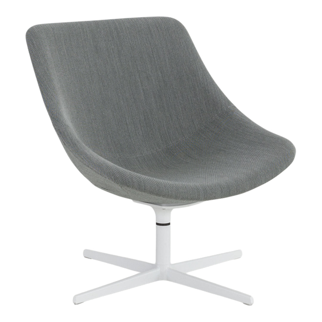 Gray upholstered chair with a smooth, sleek design and a white base, perfect for modern interiors.