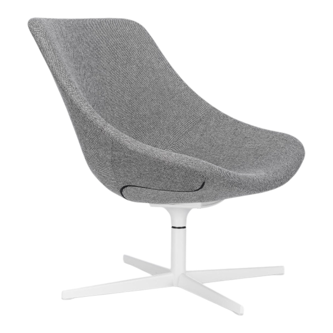 Gray upholstered lounge chair with a smooth, curved design and a minimalist white base. Perfect for modern decor.