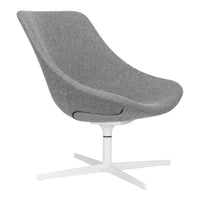 Gray upholstered lounge chair with a smooth, curved design and a minimalist white base. Perfect for modern decor.