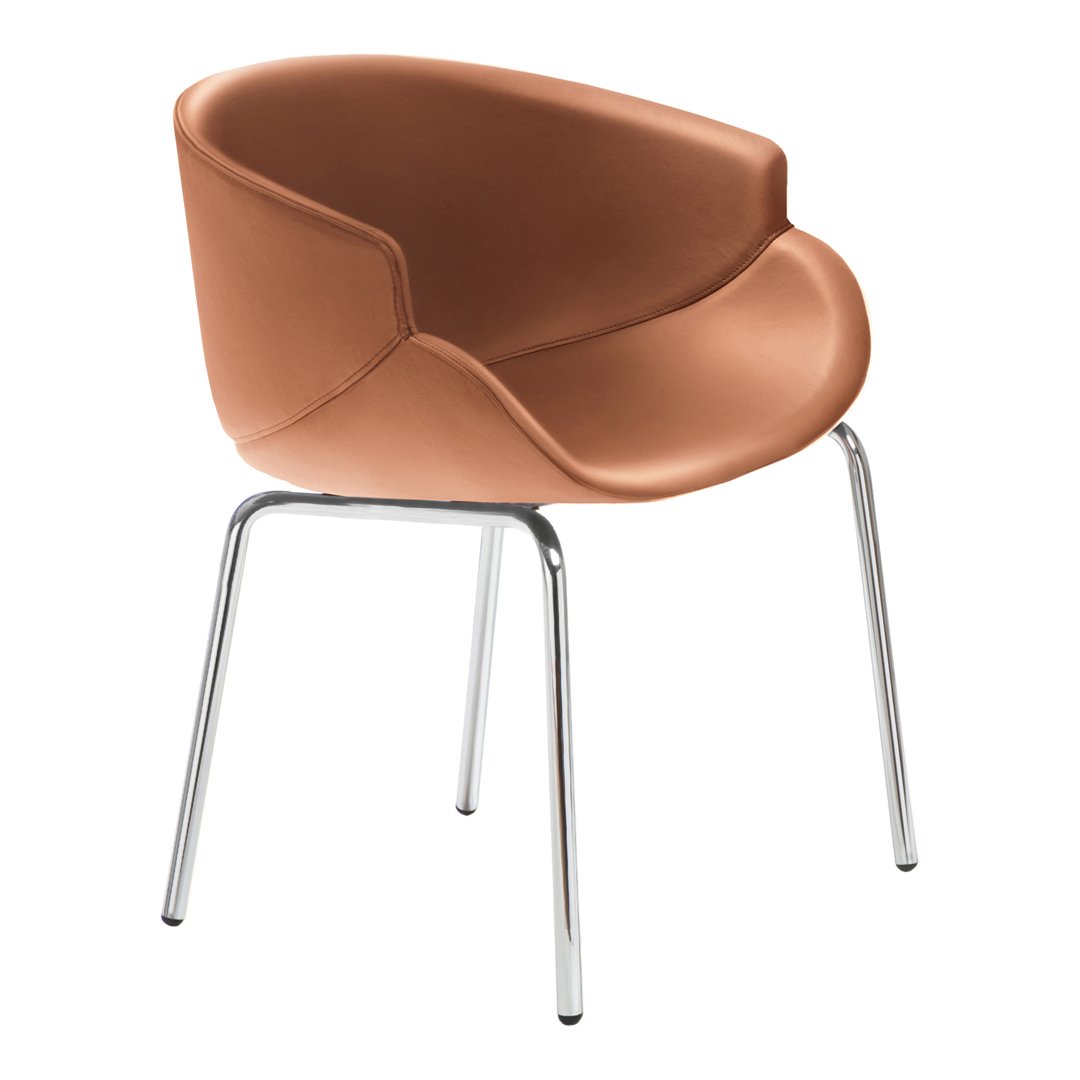 Stylish brown chair with smooth, curved design and chrome legs, perfect for modern decor.