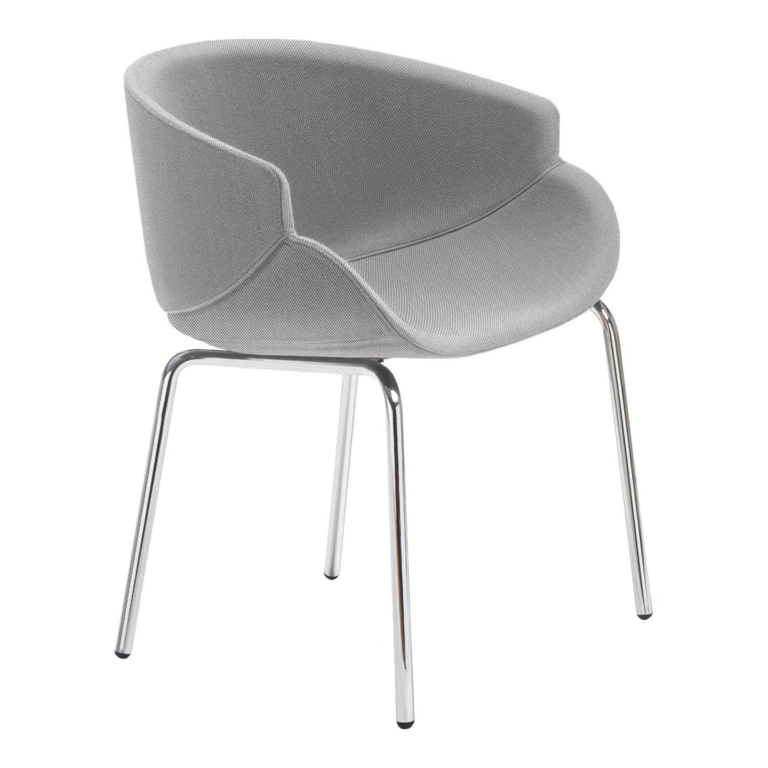 Gray upholstered chair with a smooth, modern design and chrome legs, perfect for stylish interiors.