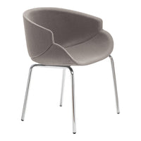 Stylish gray upholstered chair with smooth curves and shiny chrome legs, perfect for modern decor.