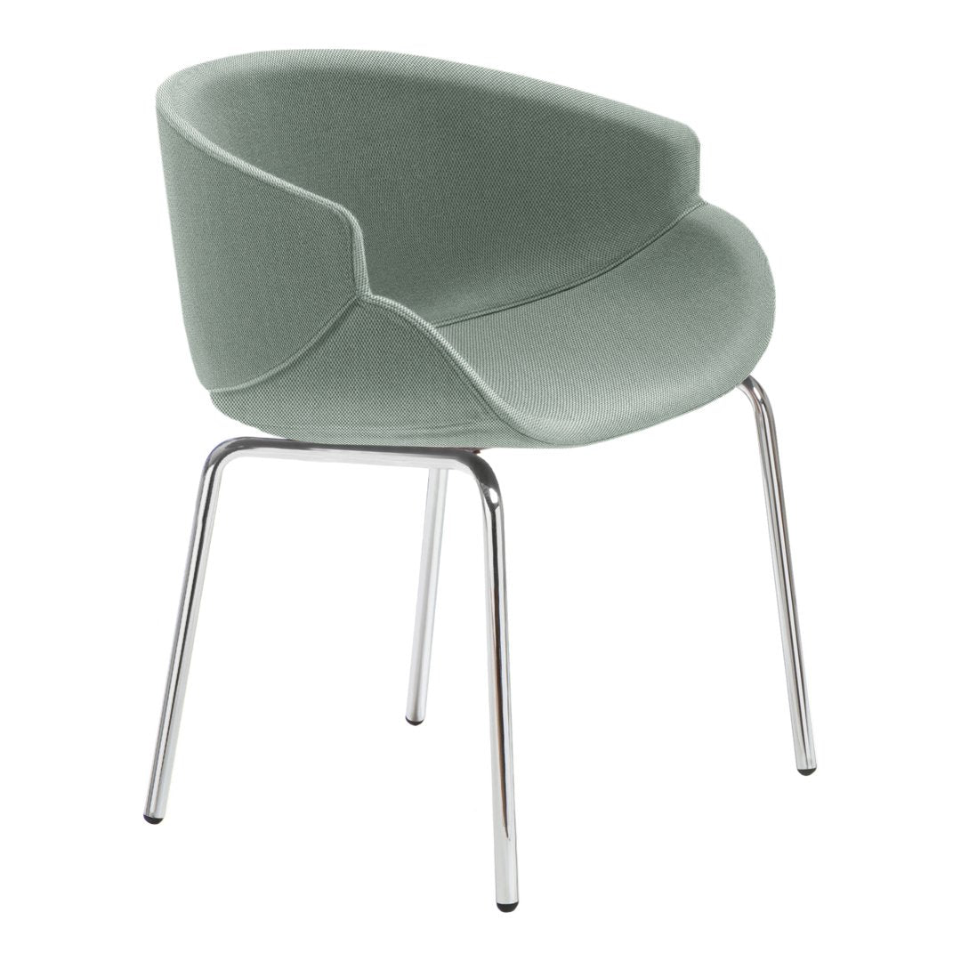 Soft green upholstered chair with a curved design and sleek chrome legs, adding modern elegance to any space.
