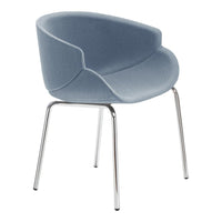 Soft blue upholstered chair with a sleek chrome base, featuring a smooth and modern design. Ideal for contemporary spaces.