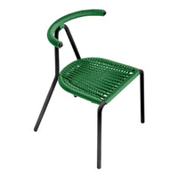 Green woven chair with a curved backrest and sleek black metal legs, showcasing modern design and vibrant colors.