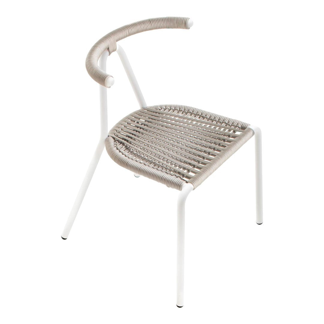 Light grey woven seat with a white metal frame, featuring a minimalist design and curved armrest.