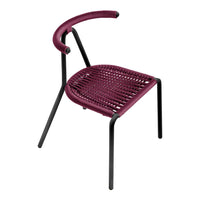 Burgundy woven seat and curved backrest on black metal frame, showcasing modern design and contrast in colors.