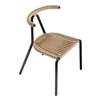 Stylish black metal frame with woven natural rattan seat and backrest, featuring a unique curved arm design.