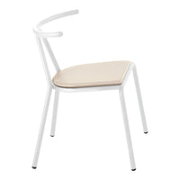 White metal chair with a sleek design and a beige padded seat. Minimalist style, perfect for modern decor.