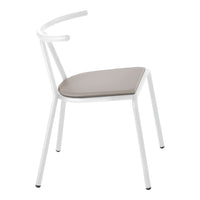 White chair with a sleek design and a soft gray cushioned seat. Ideal for modern decor.