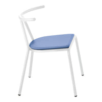 White chair with a sleek design featuring a solid blue seat cushion. Modern and minimalistic aesthetic.