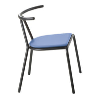 Black metal chair with a sleek design and a vibrant blue cushioned seat. Modern and minimalist style.