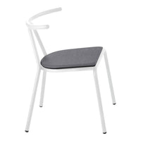 White metal chair with a sleek design and a dark gray upholstered seat. Modern minimalistic style and color combination.