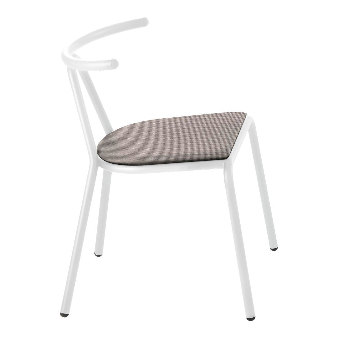 Modern white chair with a curved back and soft gray upholstered seat, showcasing a minimalistic design.