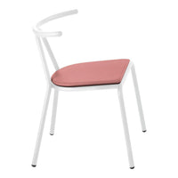 White chair with pink seat cushion, featuring a smooth, minimalist design. Ideal for modern decor.