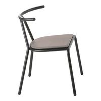 Modern black metal chair with a sleek curved back and a soft, neutral brown seat. Stylish and contemporary design.