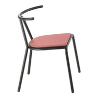 Black metal chair with a sleek curved design and a stylish coral pink seat cushion. Modern and minimalistic aesthetic.