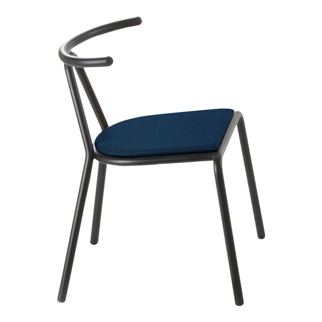 Stylish black metal chair with a plush navy blue seat, featuring a sleek modern design and curved backrest.